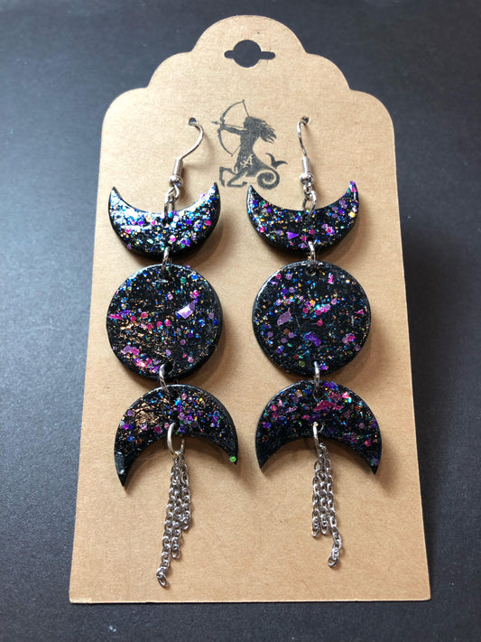 Tripple Black Moon Purple Speckled Silver Chain Dangle Earrings