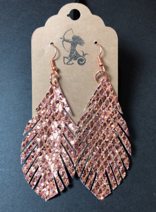 Rose Gold Sparkly Feather Dangle Earrings