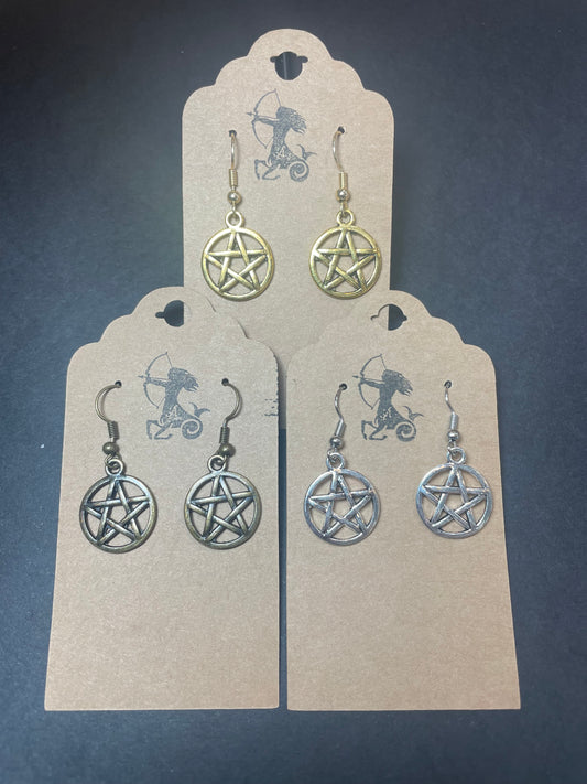 Silver Gold Bronze Wiccan Star Dangle Earrings