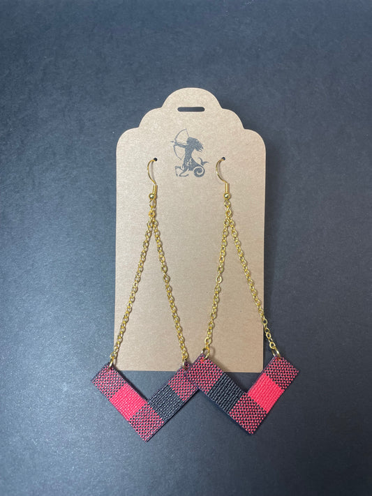 Red and Black Plaid Gold Chain Dangle Earrings