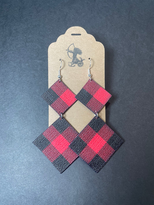 Red and Black Plaid Silver Dangle Earrings